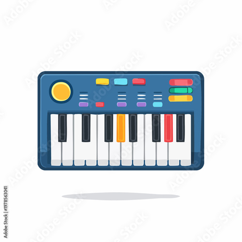 Colorful cartoon illustration of a children's keyboard synthesizer toy isolated