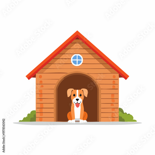Happy dog sitting in his wooden doghouse with red roof and round window