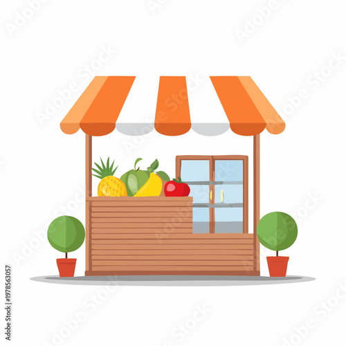 Cartoon fruit stand with various fresh produce and potted plants illustration
