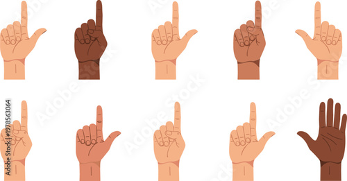 Hand Counting Gesture Icon Set with Diverse Skin Tone Fingers Showing Numbers and Sign Language Symbols for Education Communication and UI Design