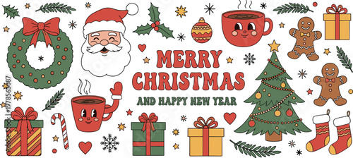 Merry Christmas festive illustration with Santa wreath gifts gingerbread cookies tree and holiday decorations cute winter vector design collection