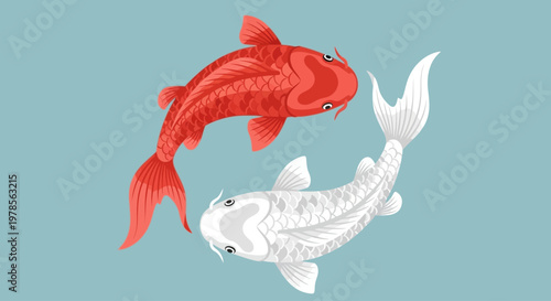 Vector illustration of two koi fish forming a circular composition. Inspired by Japanese symbolism, representing balance, harmony, luck, and prosperity. Flat design with soft gradients