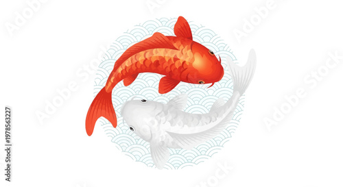 Vector illustration of two koi fish forming a circular composition. Inspired by Japanese symbolism, representing balance, harmony, luck, and prosperity. Flat design with soft gradients