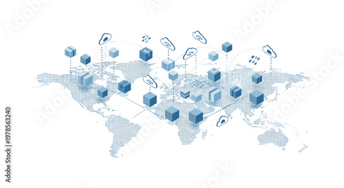 Isometric global logistics network map features interconnected shipping boxes and digital cloud icons rendered in a sophisticated blue dotted style aesthetic.
