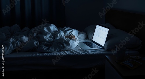 A person lies in bed at night with a laptop glowing beside them