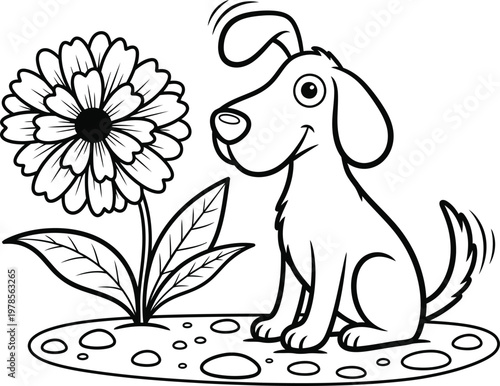 Cute puppy and flower coloring page for kids a fun coloring book image
