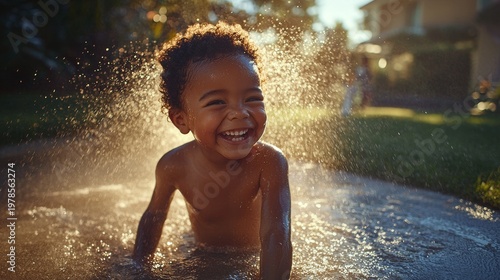 Joyful Child Playing in Garden with Water Hose on a Bright Sunny Day