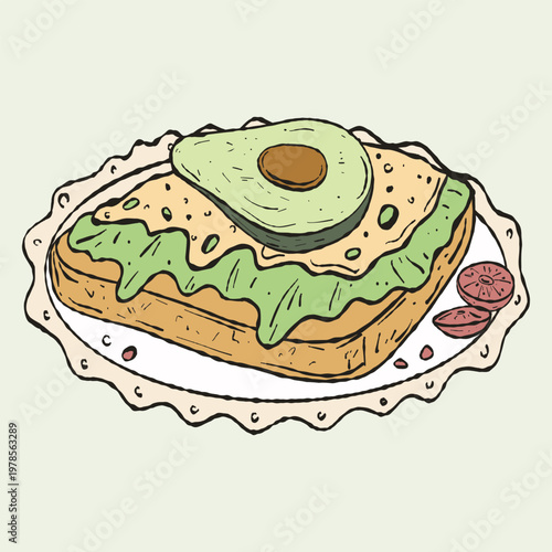 Hand Drawn Avocado Toast on Scalloped Plate Illustration. Healthy Brunch Illustration for Boutique Cafe Menus