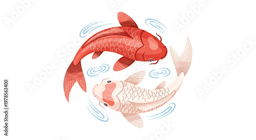 Vector illustration of two koi fish forming a circular composition. Inspired by Japanese symbolism, representing balance, harmony, luck, and prosperity. Flat design with soft gradients
