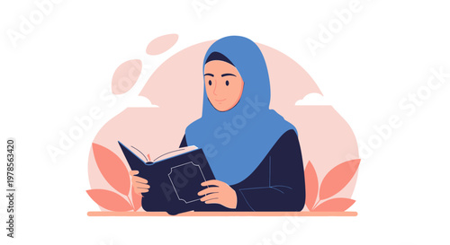 Muslim woman in hijab reading a book. Book Day illustration. Girl character sitting near a stack of books. Education and personal growth concept. Young asian muslim woman wearing a pink hijab reading