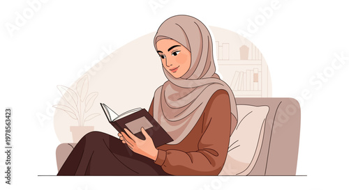 Muslim woman in hijab reading a book. Book Day illustration. Girl character sitting near a stack of books. Education and personal growth concept. Young asian muslim woman wearing a pink hijab reading