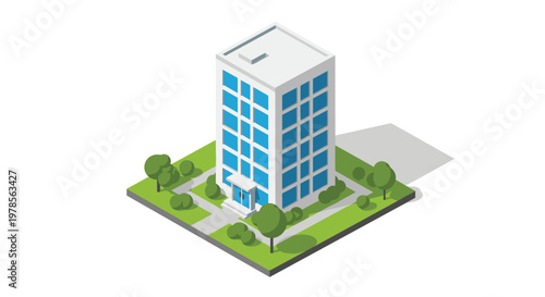 Minimalist white office building with blue windows and a flat roof surrounded by a small lawn with scattered green trees in a bright professional area.