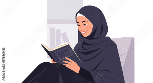 Muslim woman in hijab reading a book. Book Day illustration. Girl character sitting near a stack of books. Education and personal growth concept. Young asian muslim woman wearing a pink hijab reading