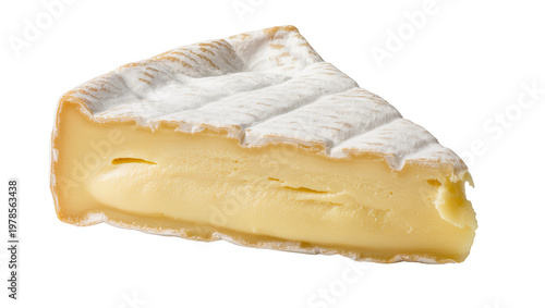 Wedge of creamy brie cheese with white rind, isolated on transparent background