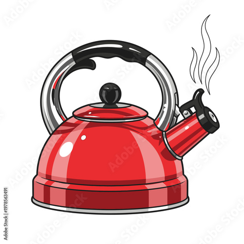 Red vintage-style stovetop kettle emitting steam