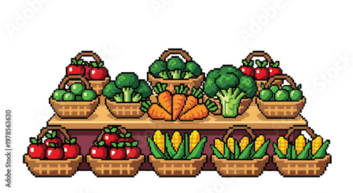 A colorful pixel art vector illustration depicts a market stall featuring neatly arranged baskets filled with fresh apples, broccoli, carrots, and corn.