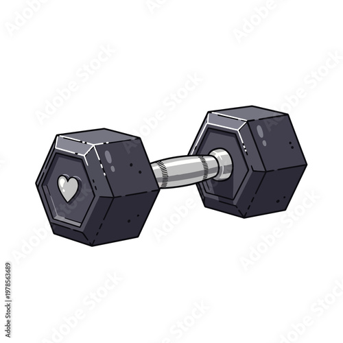 Black hexagonal dumbbell with heart-shaped logo resting on a flat surface