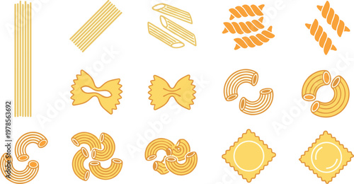 Pasta Set Vector Illustration with Various Shapes Including Spaghetti, Fusilli, Macaroni, and Ravioli for Food and Culinary Design Projects