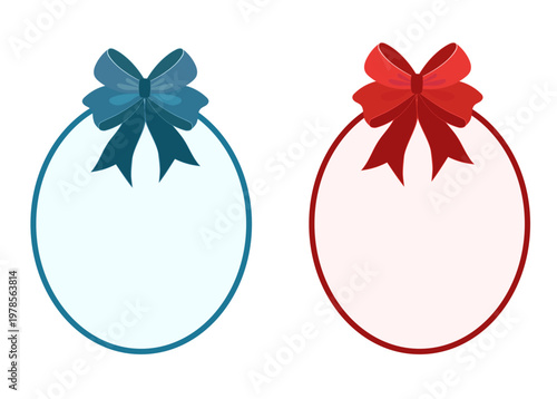 Set of oval frames with decorative bows in different colors. Suitable for cards, logos, invitations, and holiday designs. Universal elements.