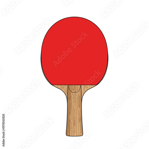 A classic wooden-handled table tennis paddle with a red circular head.