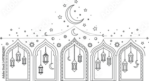 Islamic Ramadan Kareem Illustration with Mosque Arches Hanging Lanterns Crescent Moon and Stars for Eid Celebration Greeting Card and Festive Design