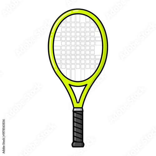 A modern tennis racket with a yellow and black grip and mesh pattern strings