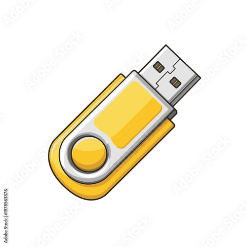 A yellow and grey usb flash drive with a circular button on the side