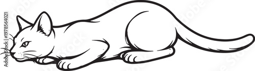 Russian Blue Cat Pouncing Crouch Black and White Line Art Illustration Isolated Feline Hunting Pose Vector