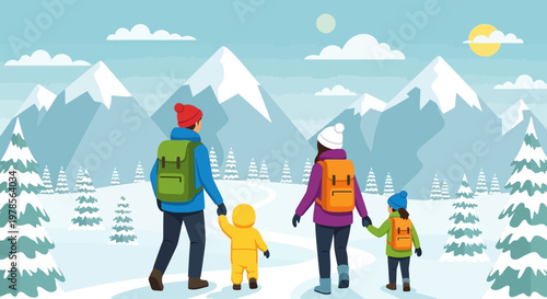 Family hiking in snowy mountains with backpacks and winter gear. 