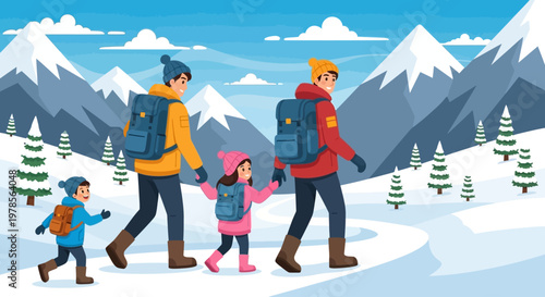 Family hiking in snowy mountains with backpacks and winter gear. 