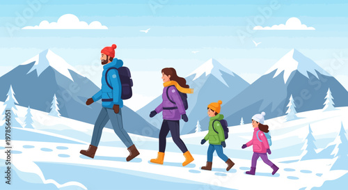 Family hiking in snowy mountains with backpacks and winter gear. 