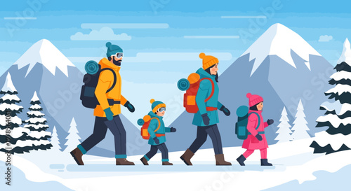 Family hiking in snowy mountains with backpacks and winter gear. 