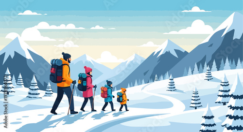 Family hiking in snowy mountains with backpacks and winter gear. 
