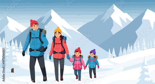 Family hiking in snowy mountains with backpacks and winter gear. 
