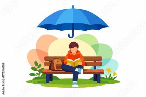 Education Insurance Concept with Student Reading under Blue Umbrella