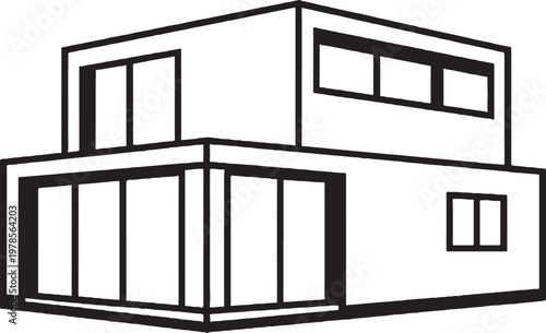 Modular prefab house line art, modern prefabricated home outline, minimalist architecture vector illustration isolated