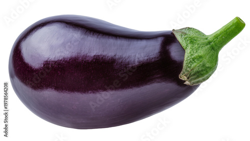 Glossy dark purple eggplant with green stem, isolated on transparent background