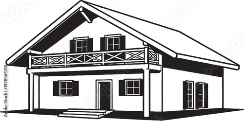 Mountain Chalet House Line Art Illustration, Alpine Cabin Architecture Outline, Minimal Vector Home