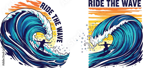 Ride the wave surfing sunset illustration with dynamic ocean waves