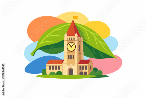 Education Insurance Concept with School Building and Protective Leaf