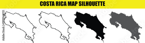Costa rica map silhouette set. map of costa rica in solid, outline, halftone and dot style.
