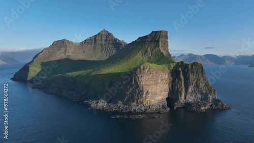 Drone shot of vertical cliffs of Kalsoy on Faroe Islands