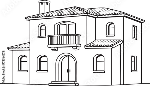 Mediterranean Coastal House Line Art, Southern European Seaside Home Outline, Mediterranean Architecture Vector Illustration Isolated