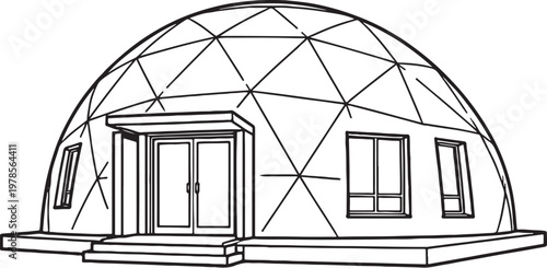 Geodesic dome house line art, futuristic dome home architecture outline, modern dome house vector illustration