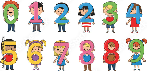 Cute kids shaped numbers set with cartoon children forming digits zero to nine colorful educational vector illustration for learning and school design