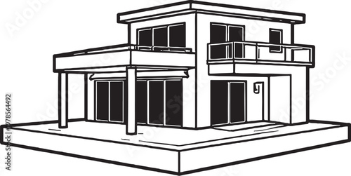 Floating Villa Line Art Illustration, Modern Water House Outline, Luxury Floating Home Vector