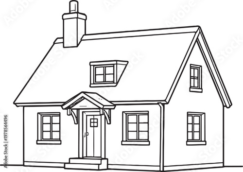 English Country Cottage Line Art, British Rural House Outline, Traditional Cottage Architecture Vector Illustration Isolated on White