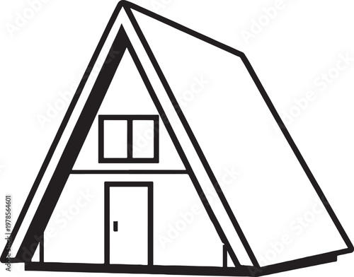 A frame cabin line art, alpine triangle roof house outline, minimal architecture vector illustration isolated