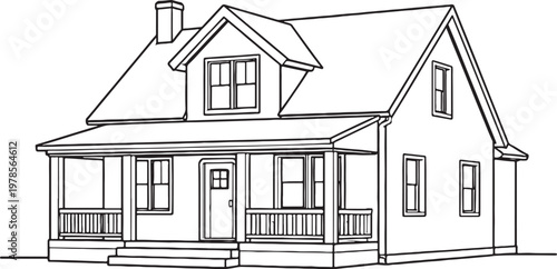 American Farmhouse Line Art, Classic Rural Farm House with Front Porch Architecture Outline Vector Illustration Isolated