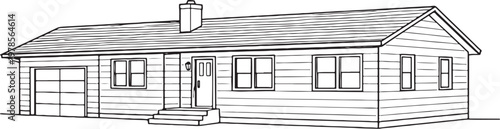 American Ranch House Line Art, Mid Century Suburban Ranch Home Outline Architecture Vector Illustration Isolated